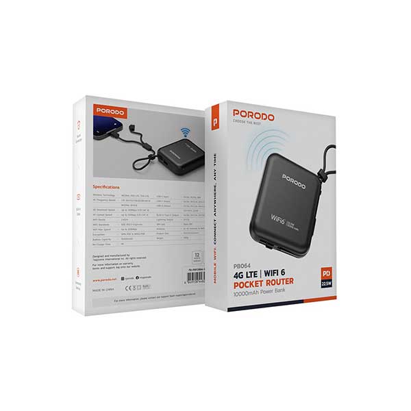 Untitled-3 مودم جیبی و پاوربانک پرودو مدل Porodo 4G LTE WiFi 6 Pocket Router 10000mAh Power Bank